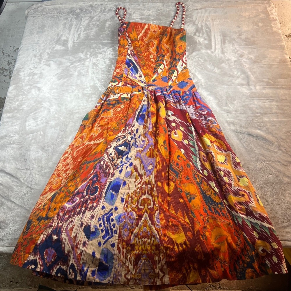 NWT Farm Rio Women's Medium Midi Dress Orange Ikat Print Beaded Straps Anthro - Picture 10 of 11